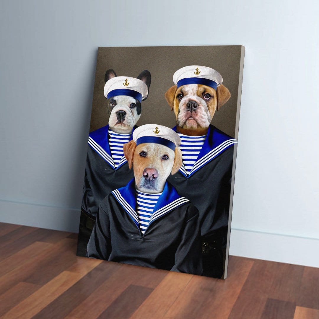 Personalized canvas featuring three pets (French Bulldog, Bulldog, Labrador) dressed as sailors in navy and white.