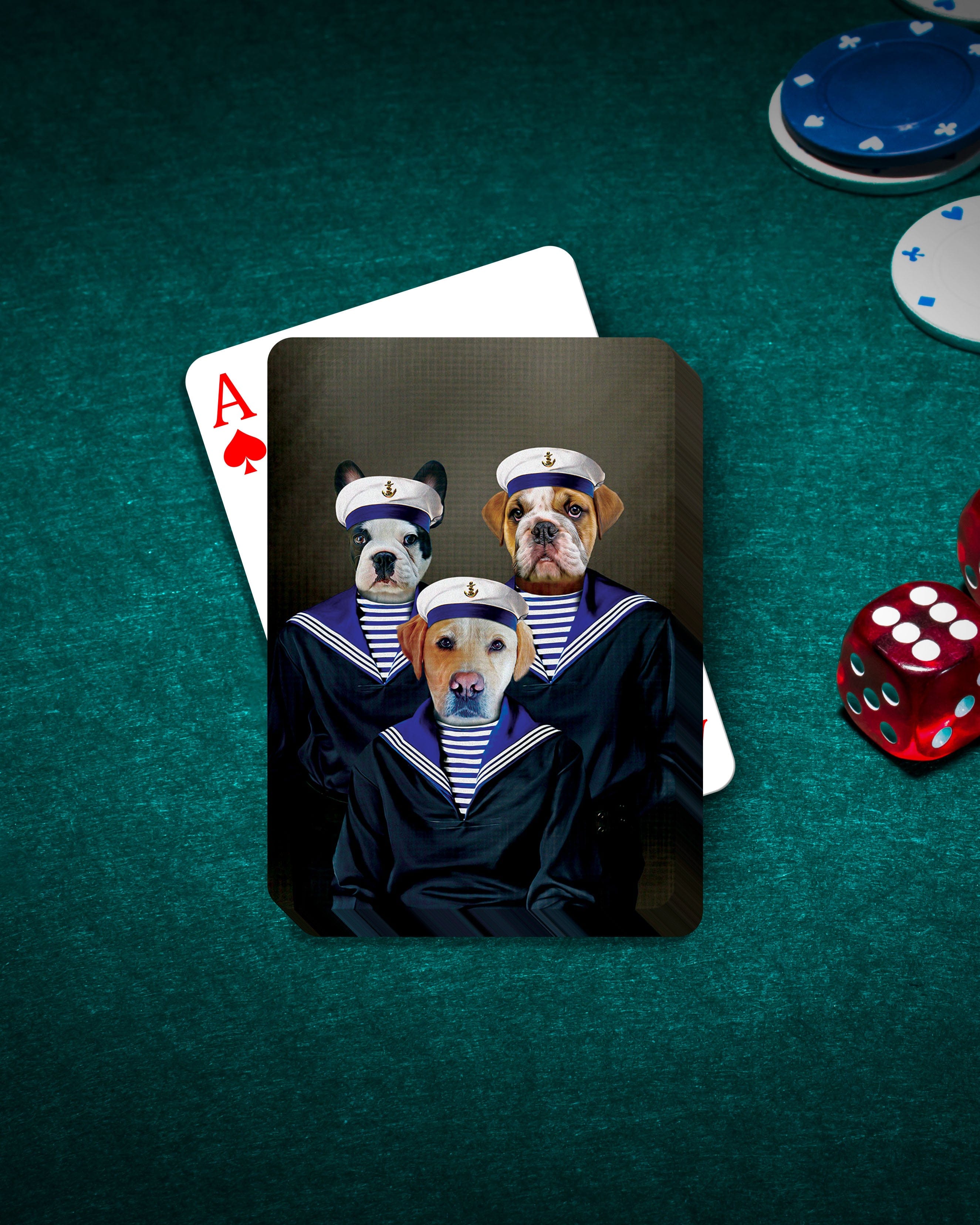 Personalized playing cards featuring three pets in 'The Sailors' custom renaissance portrait style.