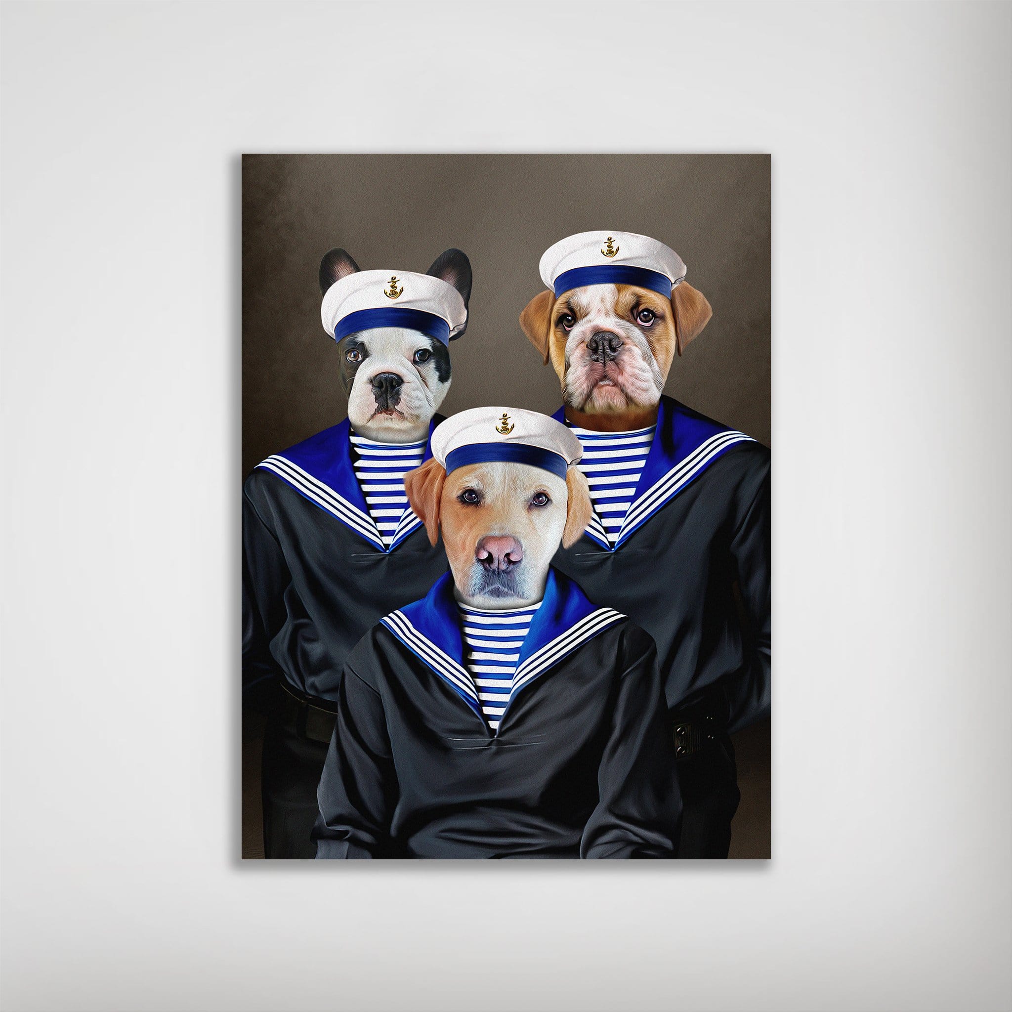 Personalized matte poster featuring three pets dressed as sailors in navy and white striped uniforms.