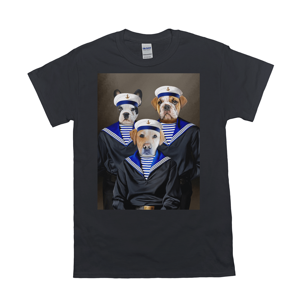 Black Gildan t-shirt with a custom graphic of three pets dressed as sailors.