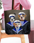 Personalized 'The Sailors' tote bag featuring custom portraits of three pets (French Bulldog, English Bulldog, Labrador) in sailor outfits.