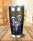 Personalized stainless steel tumbler with three pets (French Bulldog, English Bulldog, Labrador) in sailor portraits.