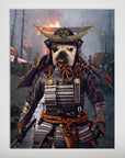 Personalized matte poster featuring a French Bulldog in full black and gold Samurai armor, with a burning village background.