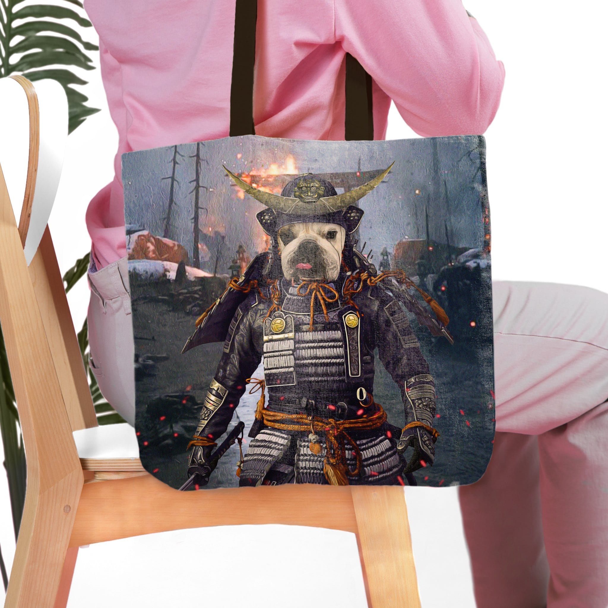 Personalized tote bag featuring a French Bulldog pet portrait in Samurai armor.
