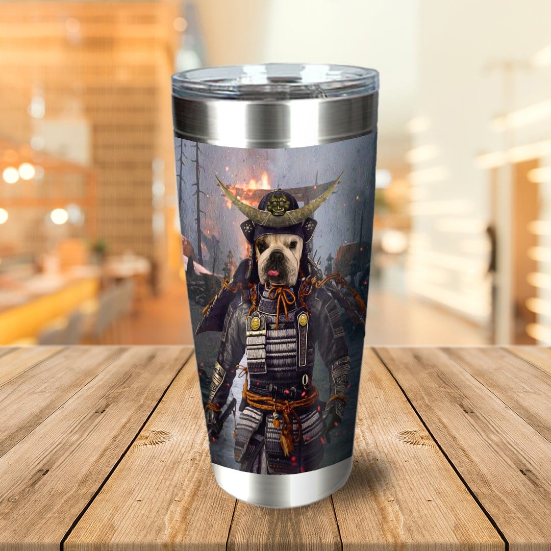 Personalized stainless steel tumbler with a French Bulldog in Samurai armor portrait.