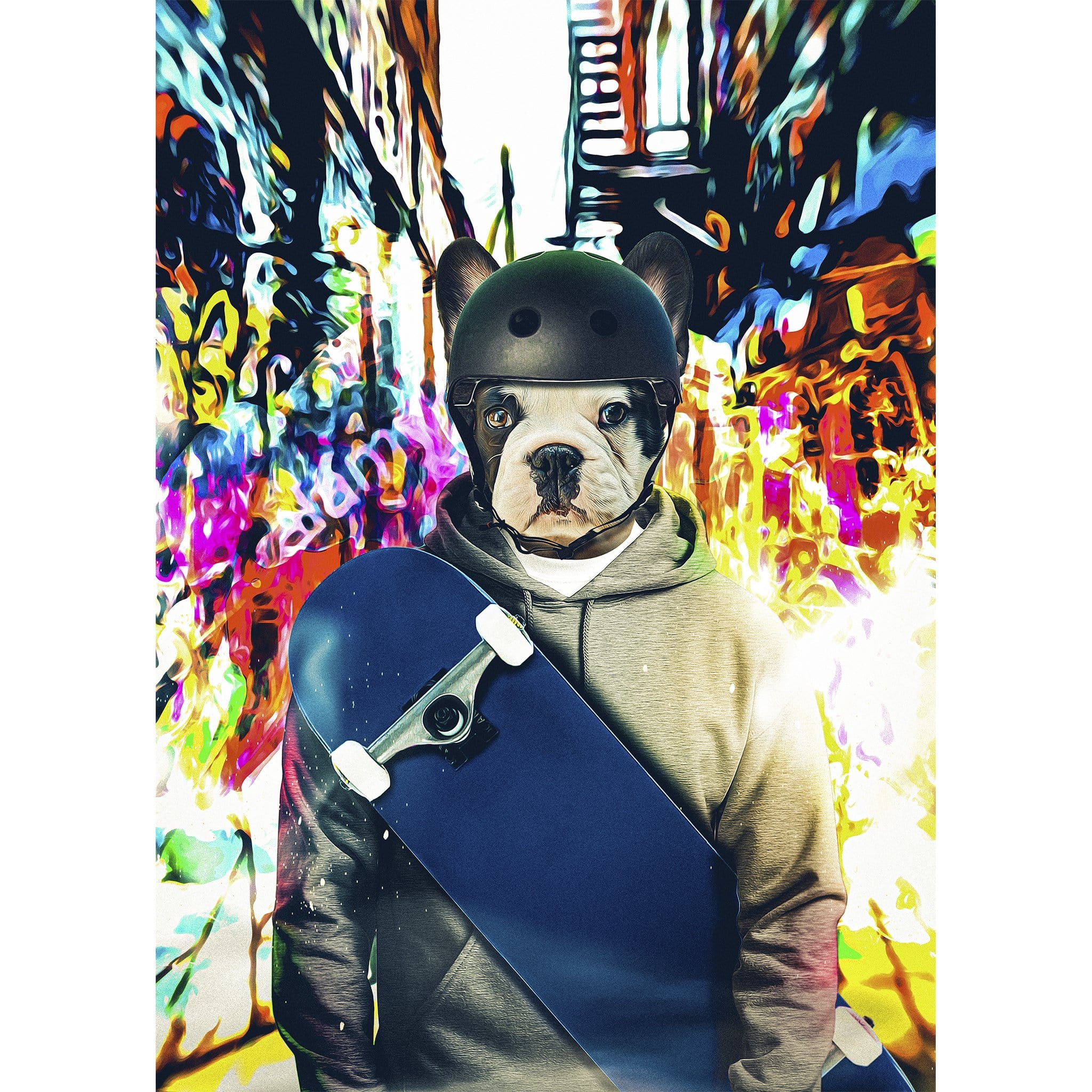 Personalized digital portrait of a French Bulldog wearing a helmet and holding a skateboard, against a vibrant, abstract background.