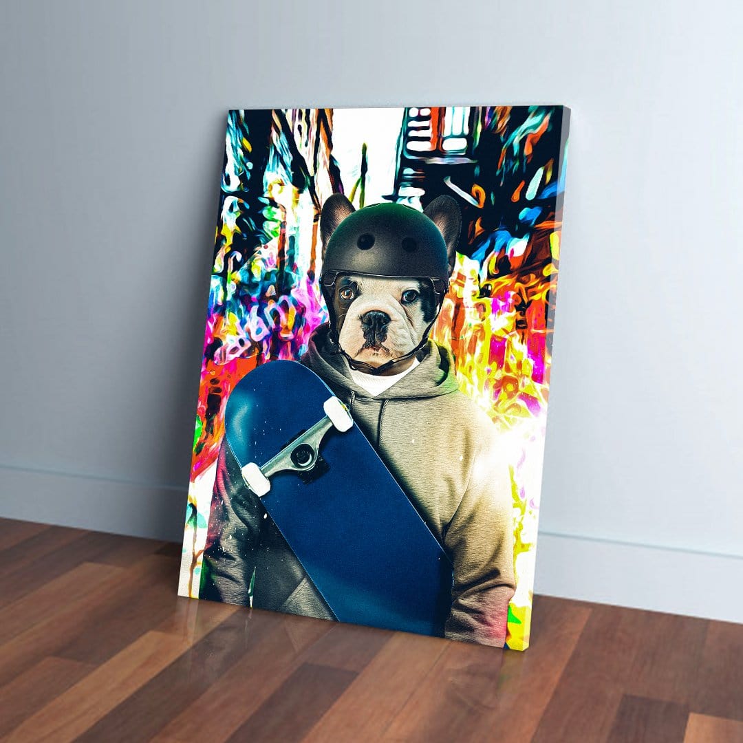 Personalized pet canvas featuring a French bulldog in a helmet and hoodie, holding a blue skateboard against a vibrant, abstract background.