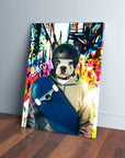 Personalized pet canvas featuring a French bulldog in a helmet and hoodie, holding a blue skateboard against a vibrant, abstract background.