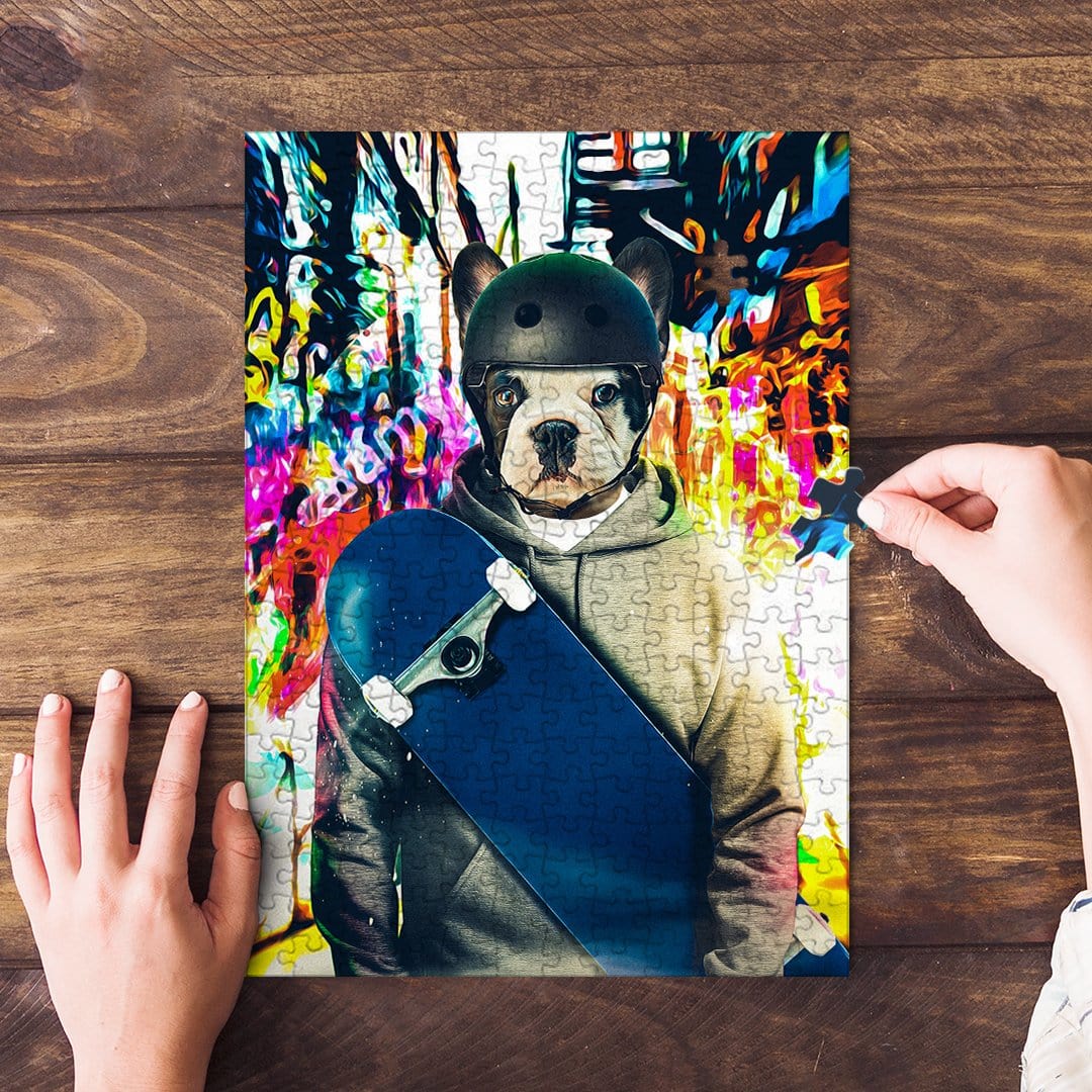Personalized pet puzzle featuring a French bulldog in a helmet holding a skateboard against a colorful background.