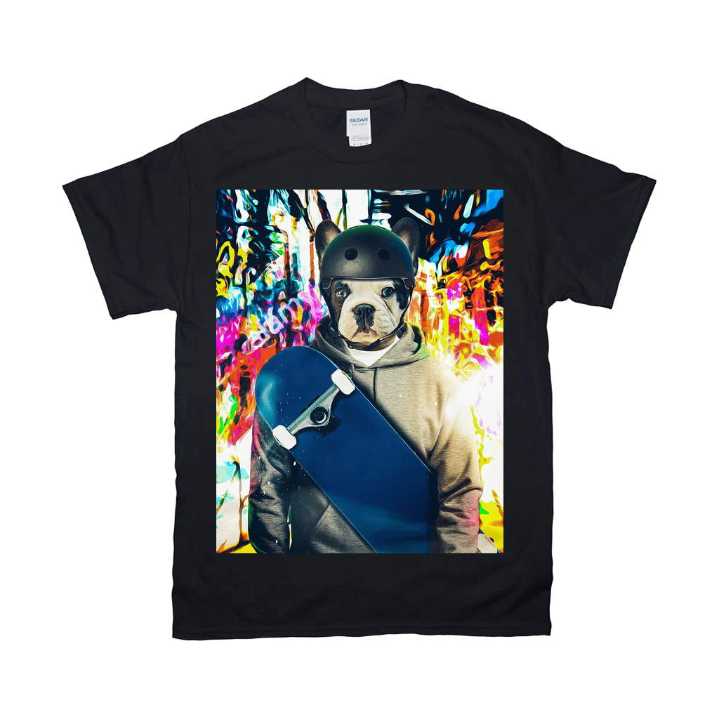 Black Gildan t-shirt with a French bulldog in a helmet and hoodie holding a blue skateboard, against a colorful graffiti background.