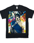 Black Gildan t-shirt with a French bulldog in a helmet and hoodie holding a blue skateboard, against a colorful graffiti background.