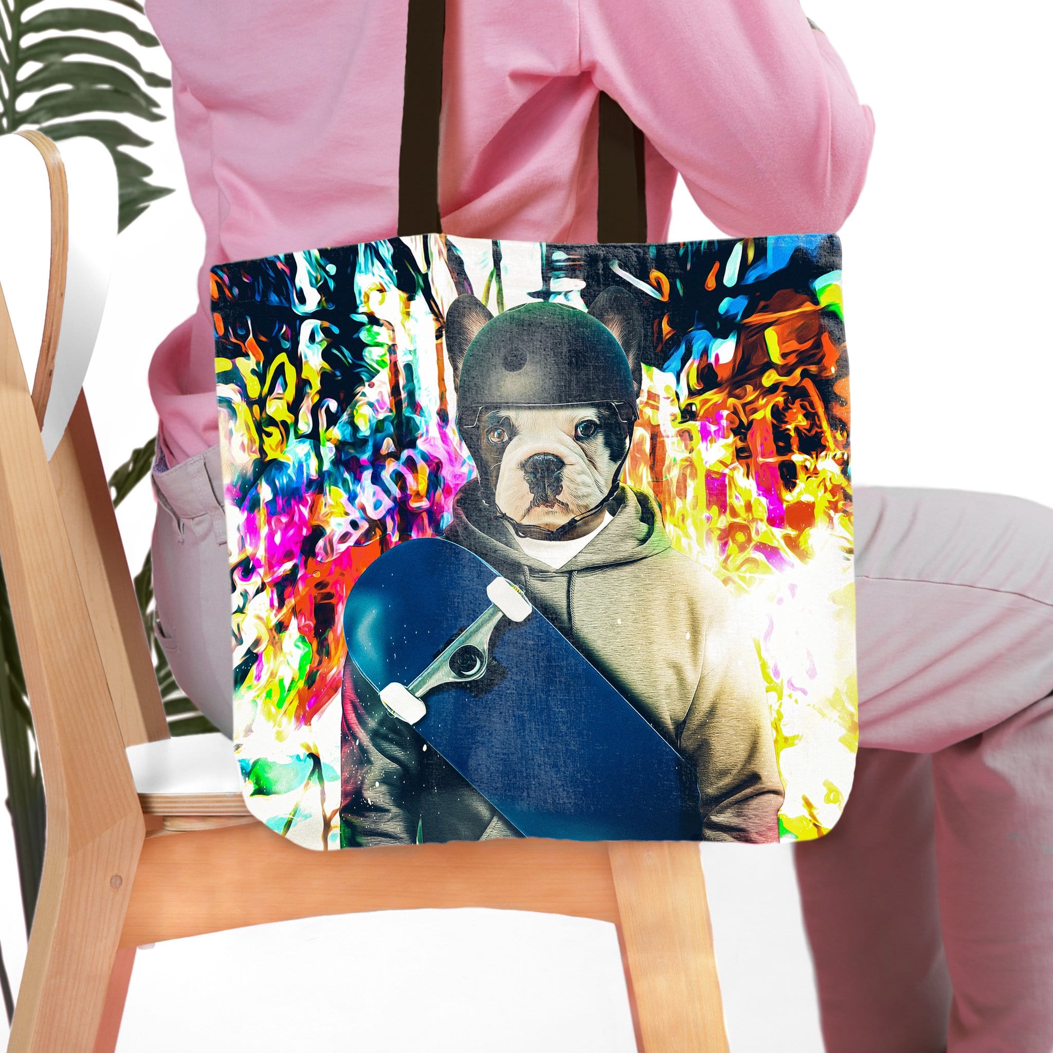 Personalized tote bag with a French Bulldog pet portrait as a skateboarder against a colorful graffiti background.