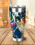 Personalized stainless steel tumbler with a custom pet portrait of a French Bulldog wearing a helmet and holding a skateboard against a graffiti background.