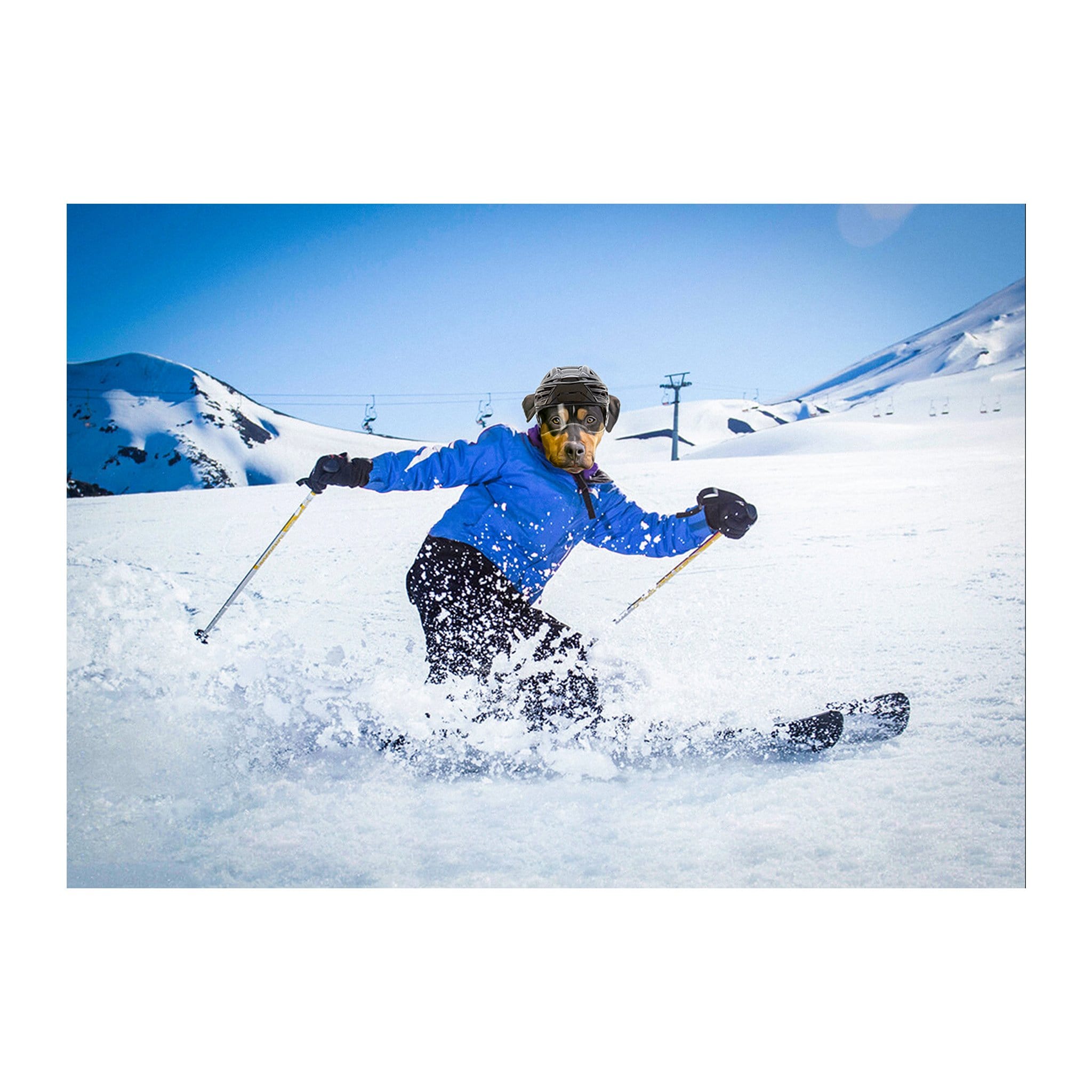 Personalized digital portrait of a dog's head on a skier in a blue jacket on a snowy mountain.