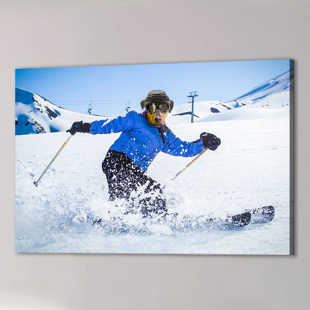 Custom 'Skier' pet canvas featuring a dog's head on a skier in a blue jacket on snowy slopes.