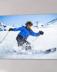 Custom 'Skier' pet canvas featuring a dog's head on a skier in a blue jacket on snowy slopes.