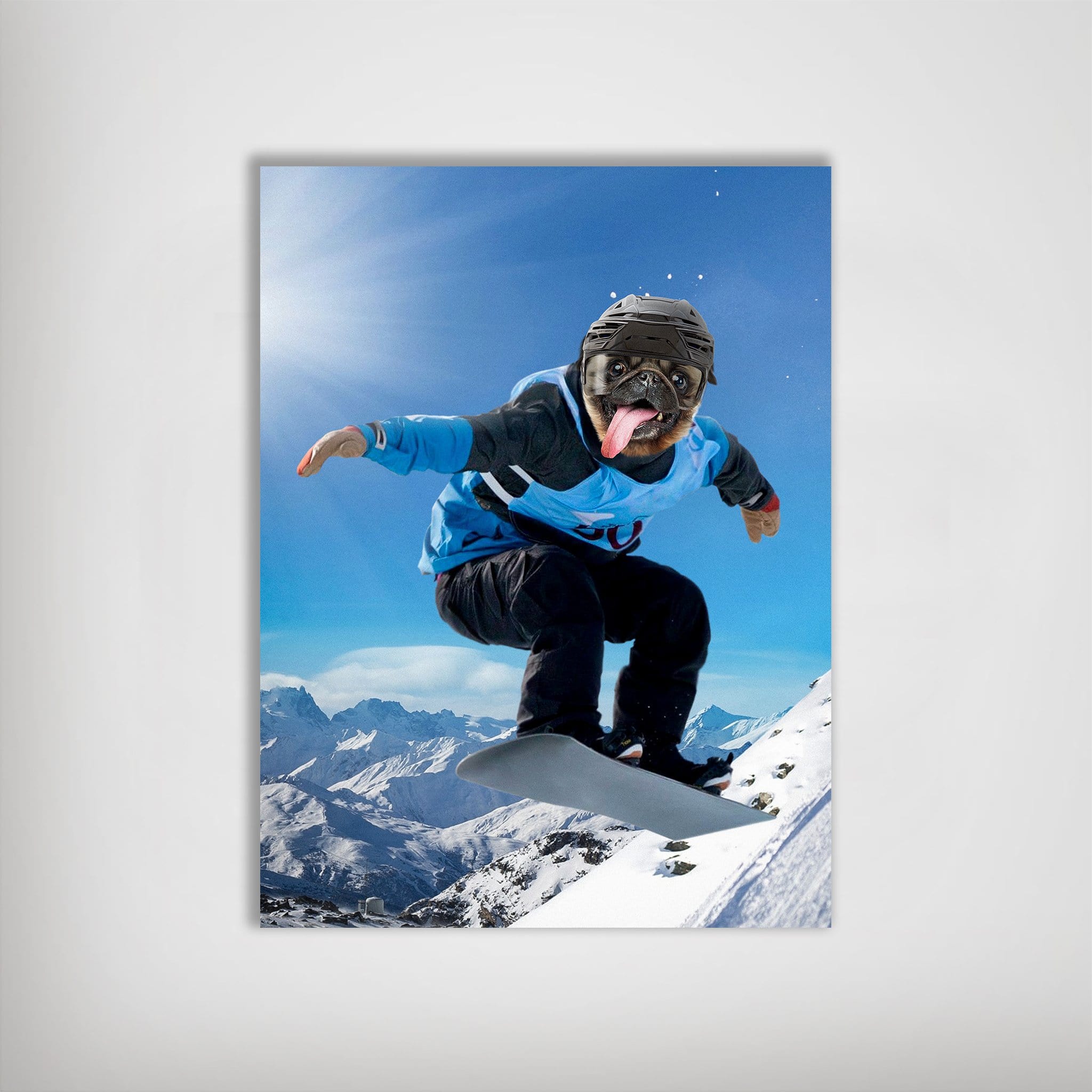 Personalized 'Snowboarder' dog poster featuring a pug with tongue out, wearing blue and black gear, mid-air on a snowboard over snowy mountains.