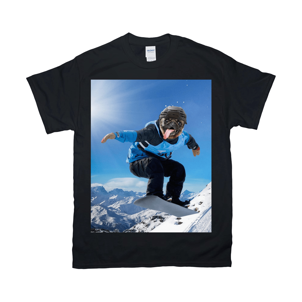 Black Gildan t-shirt with a personalized design of a pug's head on a snowboarder in snowy mountains.