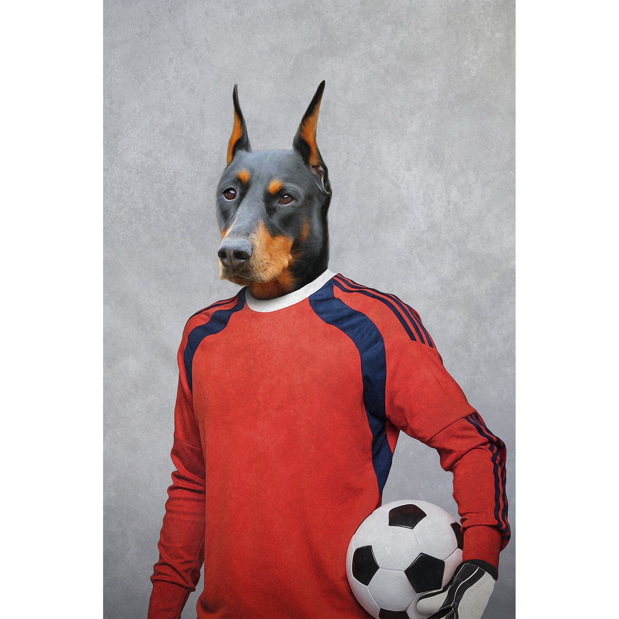 Custom digital portrait of a Doberman dog as a soccer goalie in a red jersey holding a ball.
