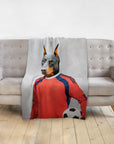 Personalized pet blanket with a Doberman dog portrait as a soccer goalie in a red jersey.