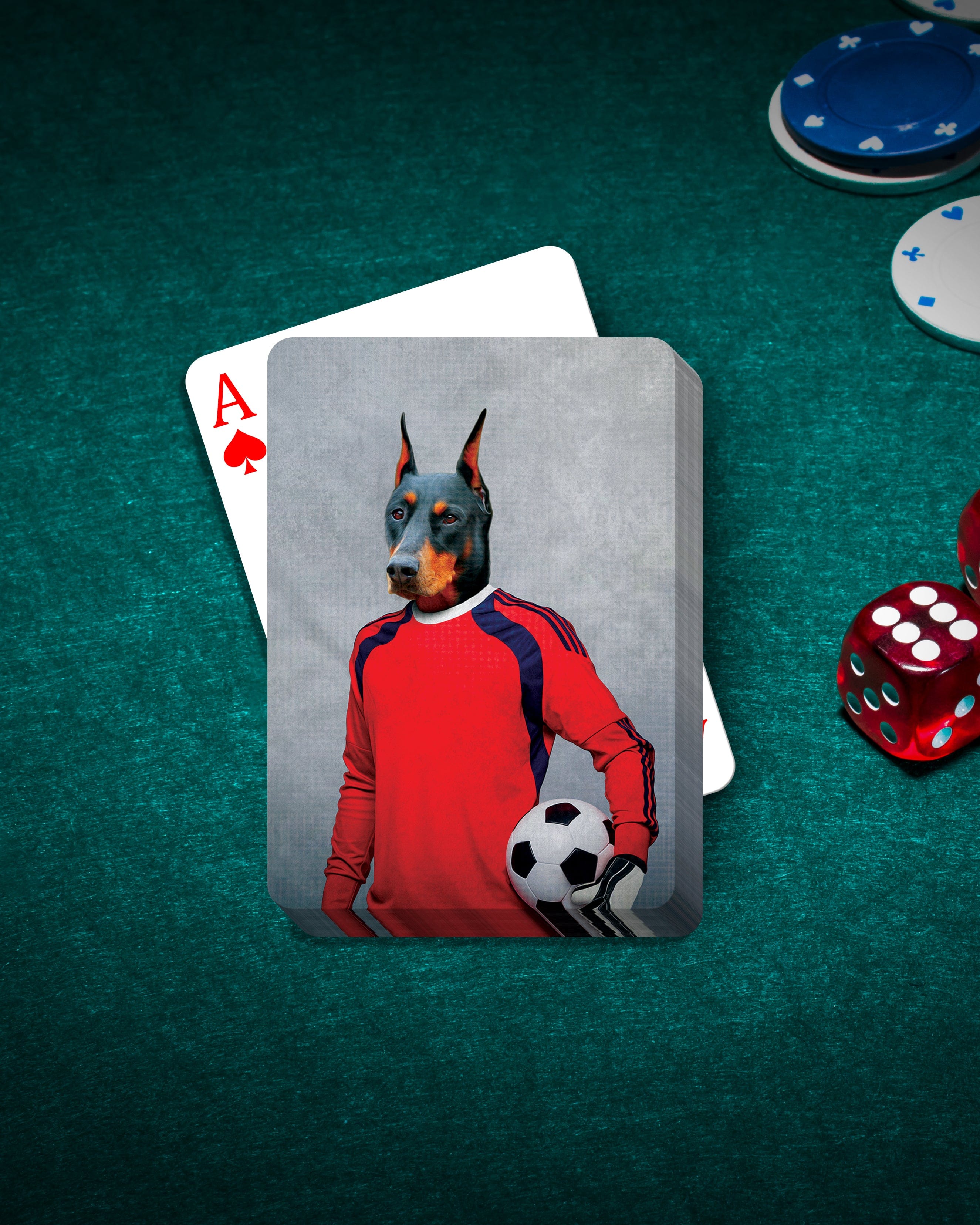 Custom personalized playing cards featuring a Doberman pet portrait as a soccer goalie.