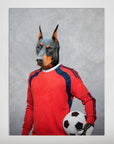 Personalized Doberman pet poster as a soccer goalie in a red jersey, holding a black and white ball.