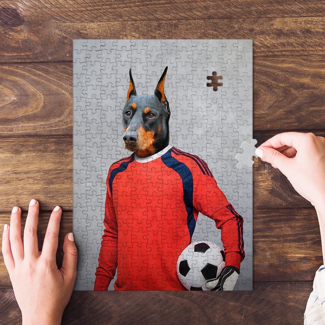 Personalized pet puzzle featuring a Doberman's head on a soccer goalie's body, holding a ball.