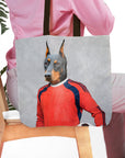 Personalized tote bag with a Doberman pet portrait in a red soccer goalie uniform.