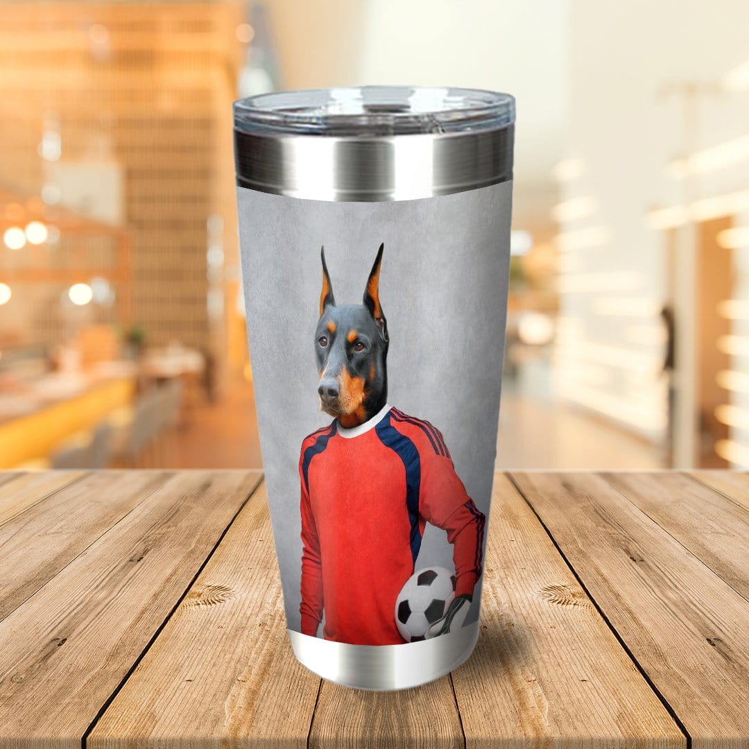Personalized stainless steel tumbler with a Doberman dog portrait in a soccer goalie uniform holding a ball.