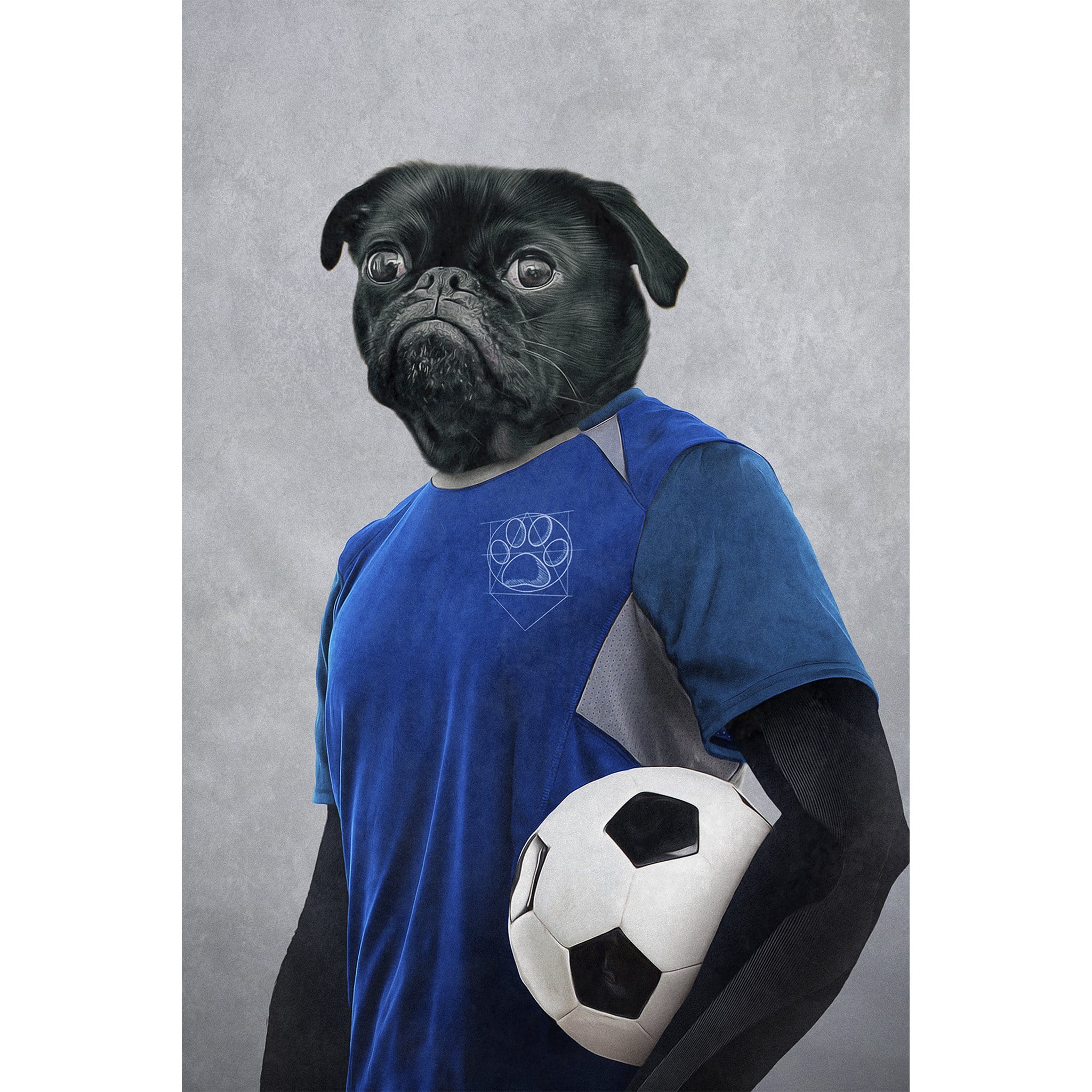 Custom digital portrait of a black pug in a blue soccer jersey holding a soccer ball.