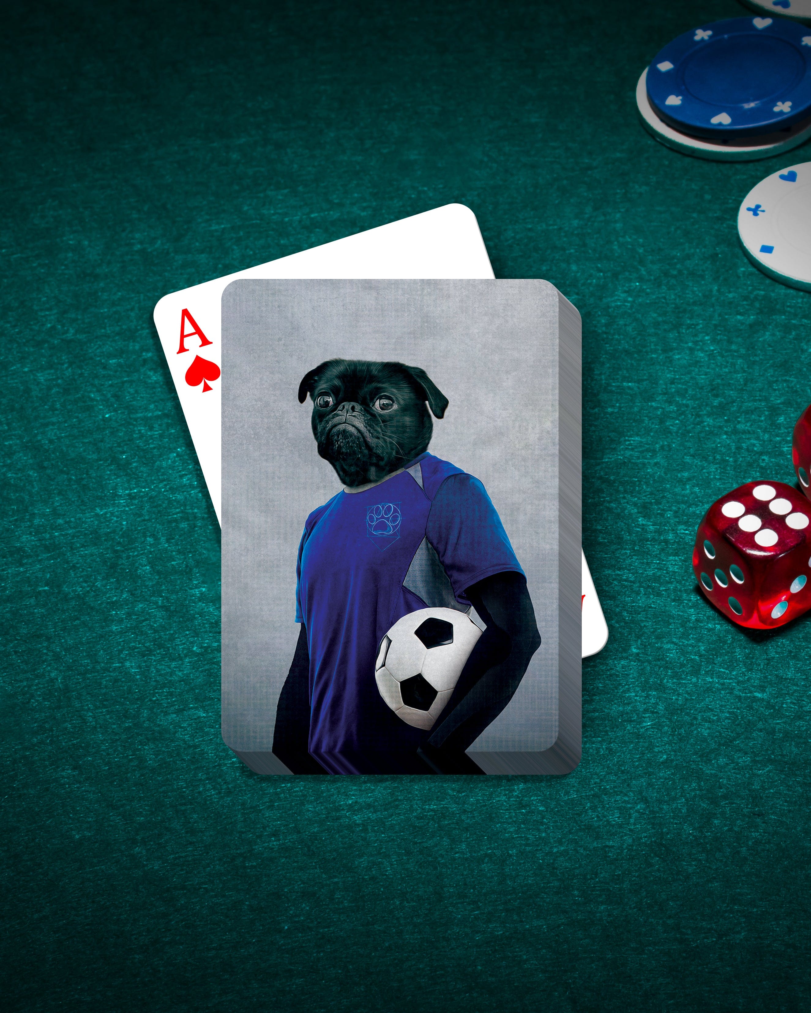 Personalized pet playing cards featuring a black pug in a blue soccer uniform holding a ball.