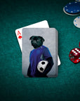 Personalized pet playing cards featuring a black pug in a blue soccer uniform holding a ball.