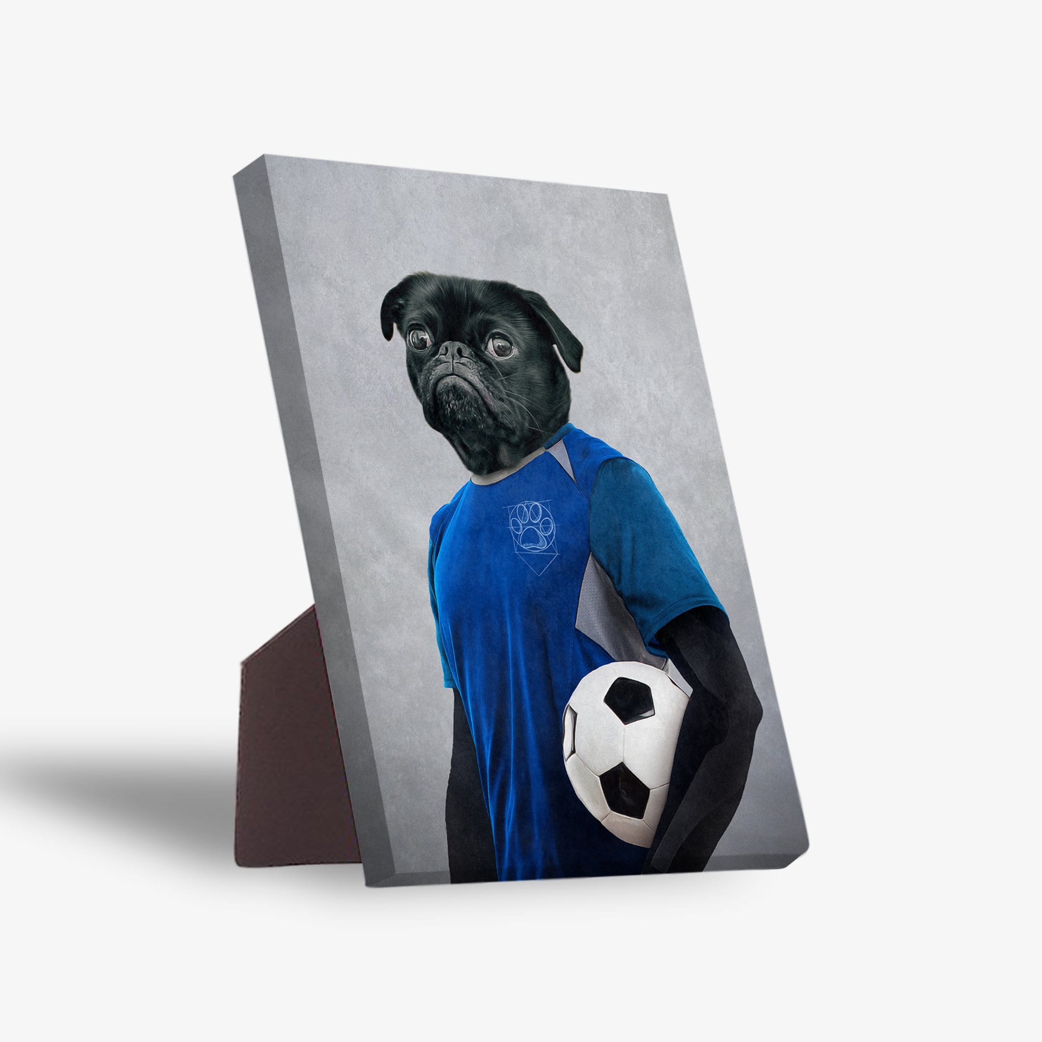 Personalized pet standing canvas featuring a black pug's head on a soccer player's body in a blue jersey holding a ball.