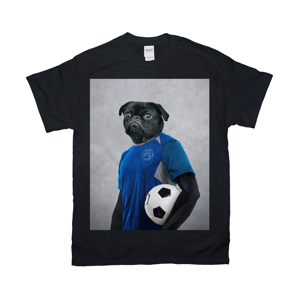 Black Gildan t-shirt featuring a personalized graphic of a pug in a blue soccer jersey holding a soccer ball.