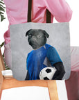 Personalized tote bag with a black pug pet portrait in a blue soccer uniform holding a soccer ball.