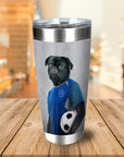 Personalized stainless steel tumbler with a custom portrait of a black pug dog in a blue soccer uniform holding a ball.