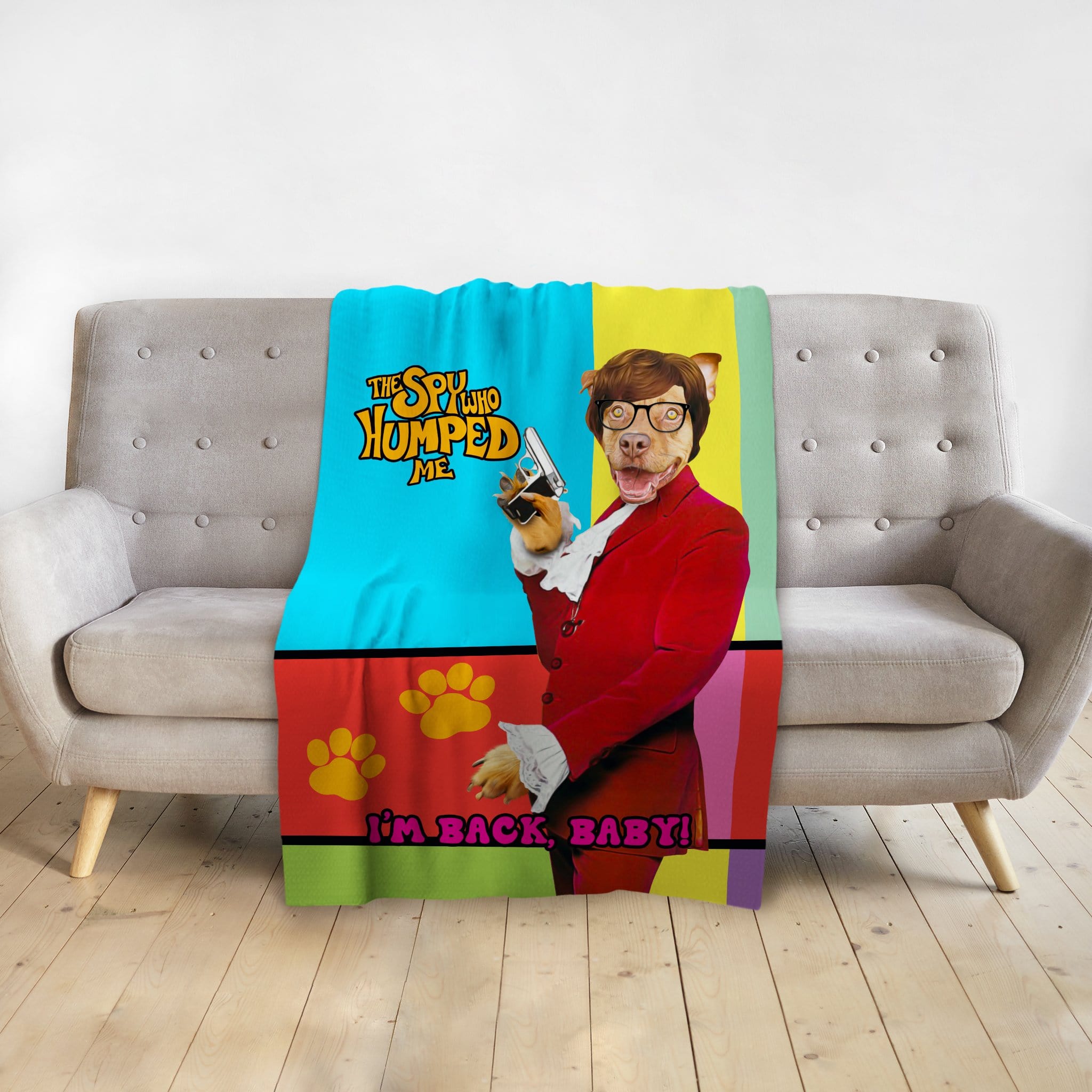 Personalized pet blanket featuring a dog portrait in an Austin Powers-style spy costume.