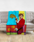 Personalized pet blanket featuring a dog portrait in an Austin Powers-style spy costume.