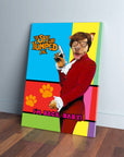Personalized pet canvas featuring a dog dressed as Austin Powers, holding a gun, with "The Spy Who Humped Me" title.