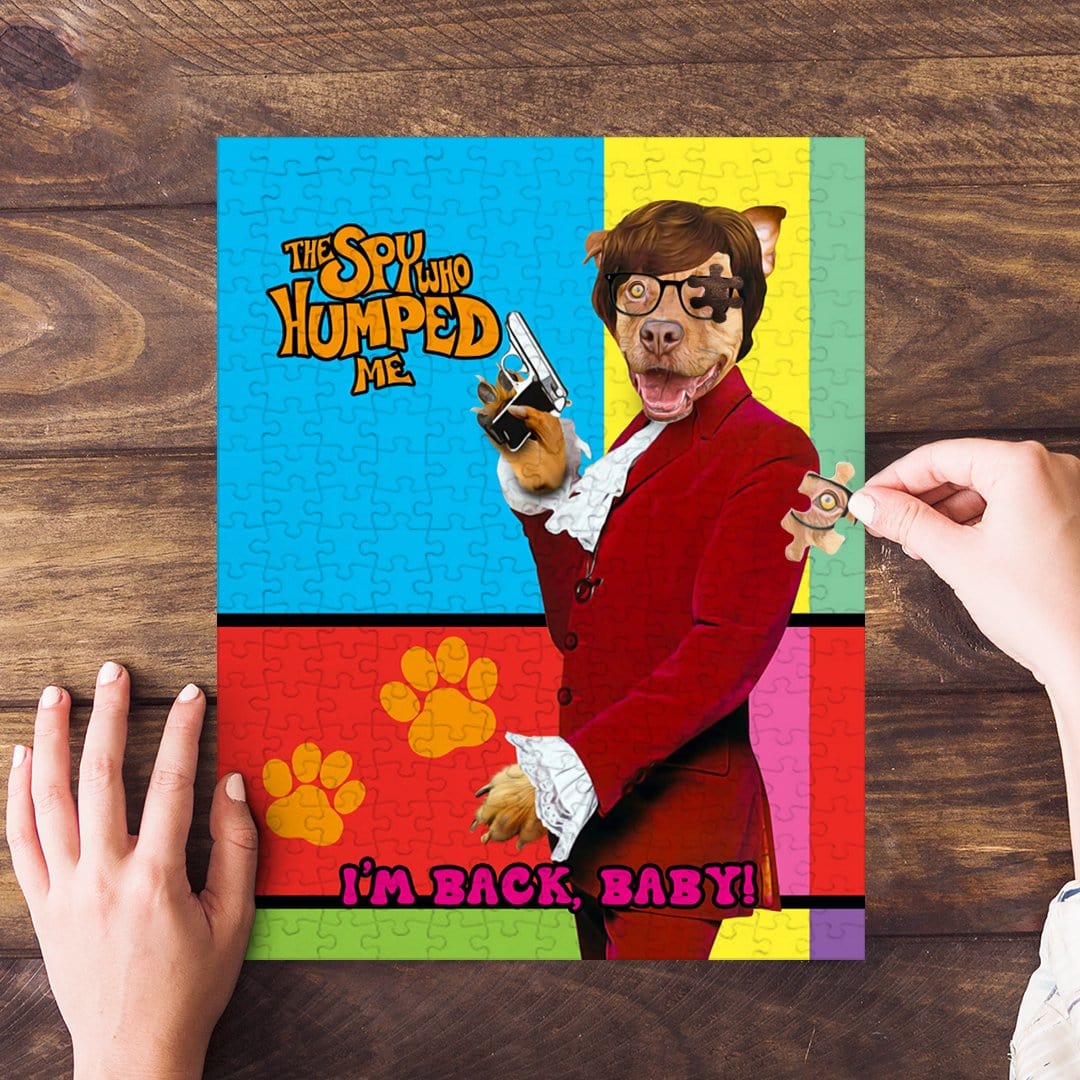 Personalized pet puzzle featuring a dog in a spy costume, "The Spy Who Humped Me" theme.