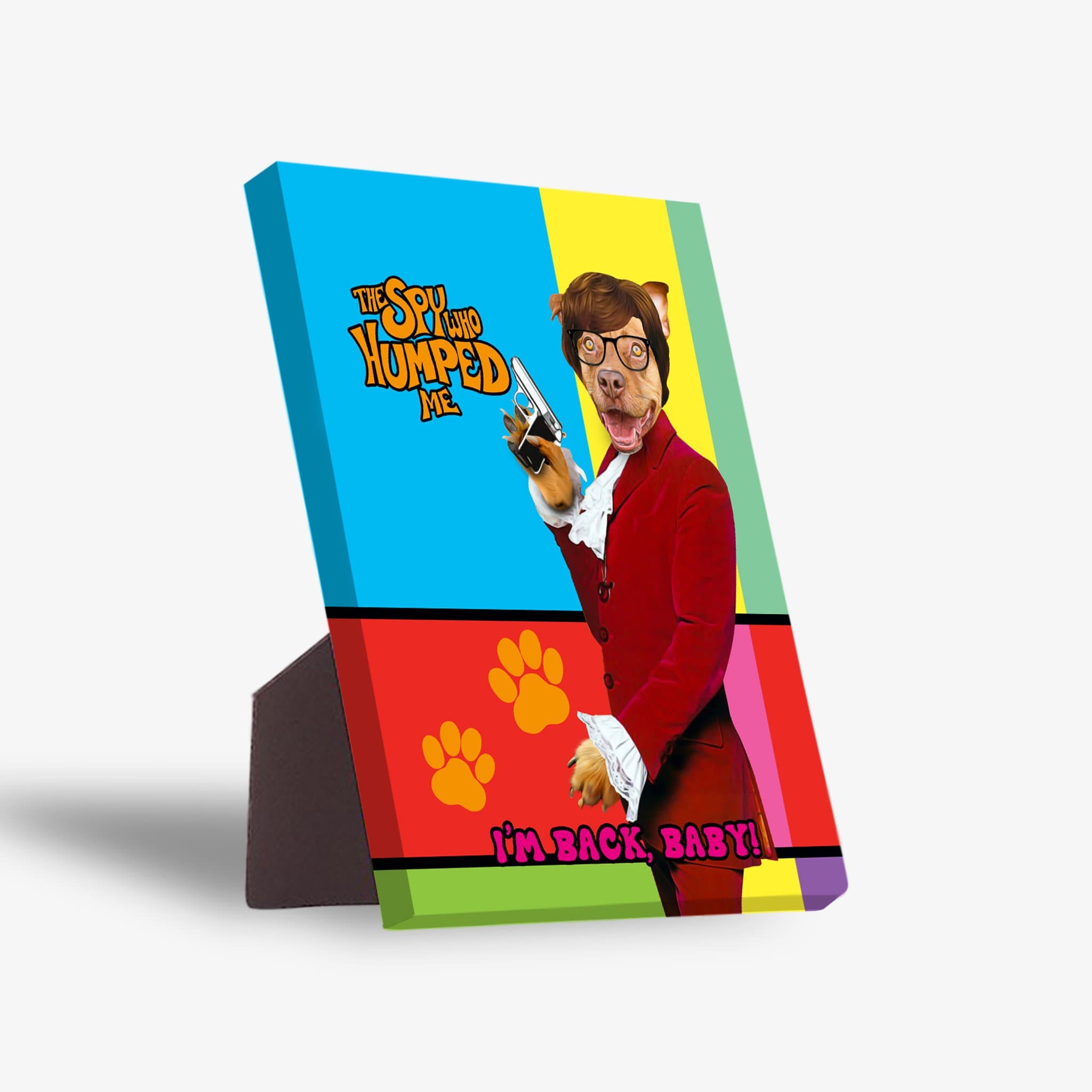 Custom pet portrait canvas featuring a dog as "The Spy Who Humped Me" character, with a colorful background.