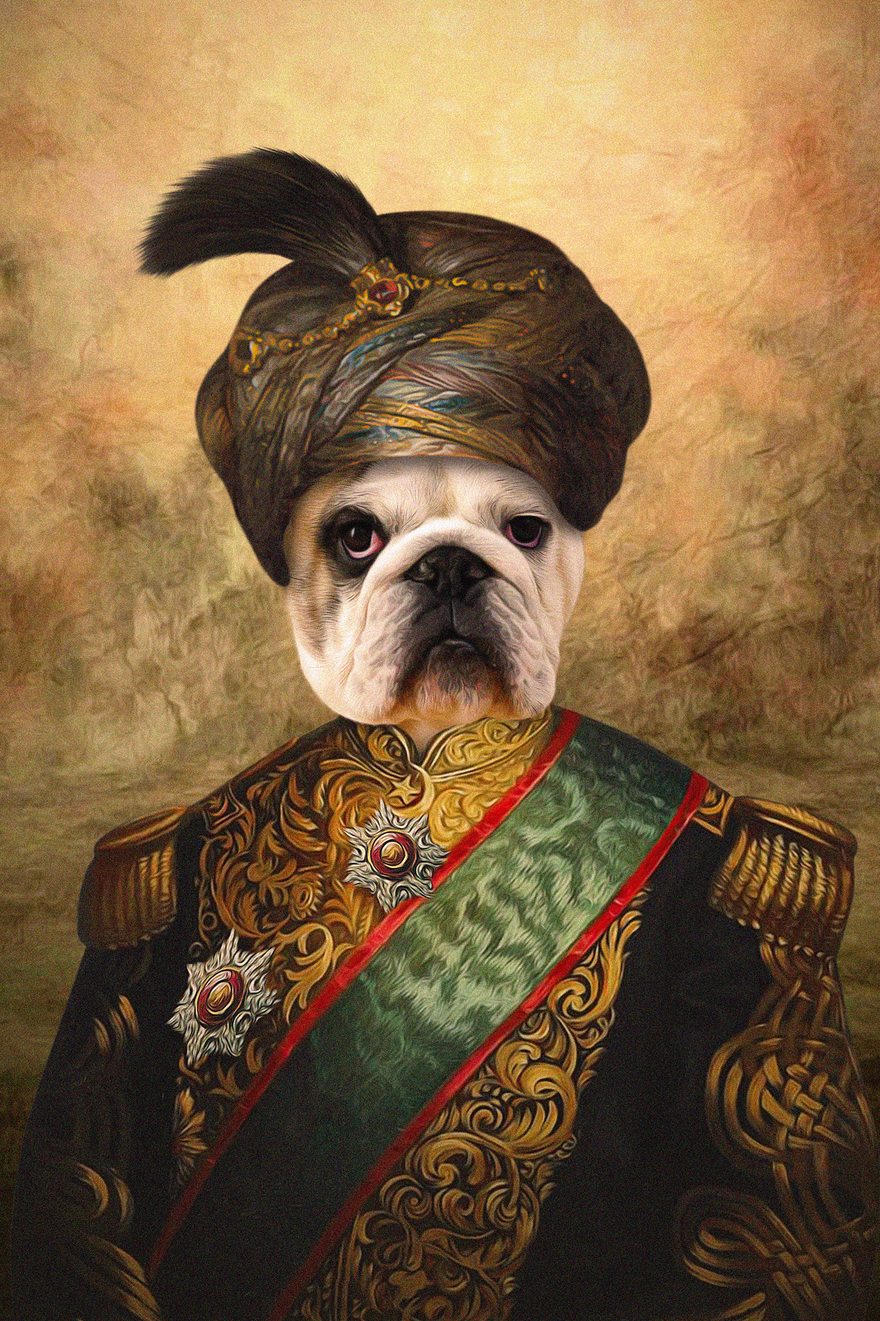 Personalized 'Sultan' digital portrait featuring a bulldog in a royal, renaissance-style uniform.