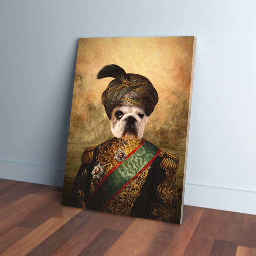 Personalized pet canvas featuring a French Bulldog in a "Sultan" costume with a turban and ornate uniform.