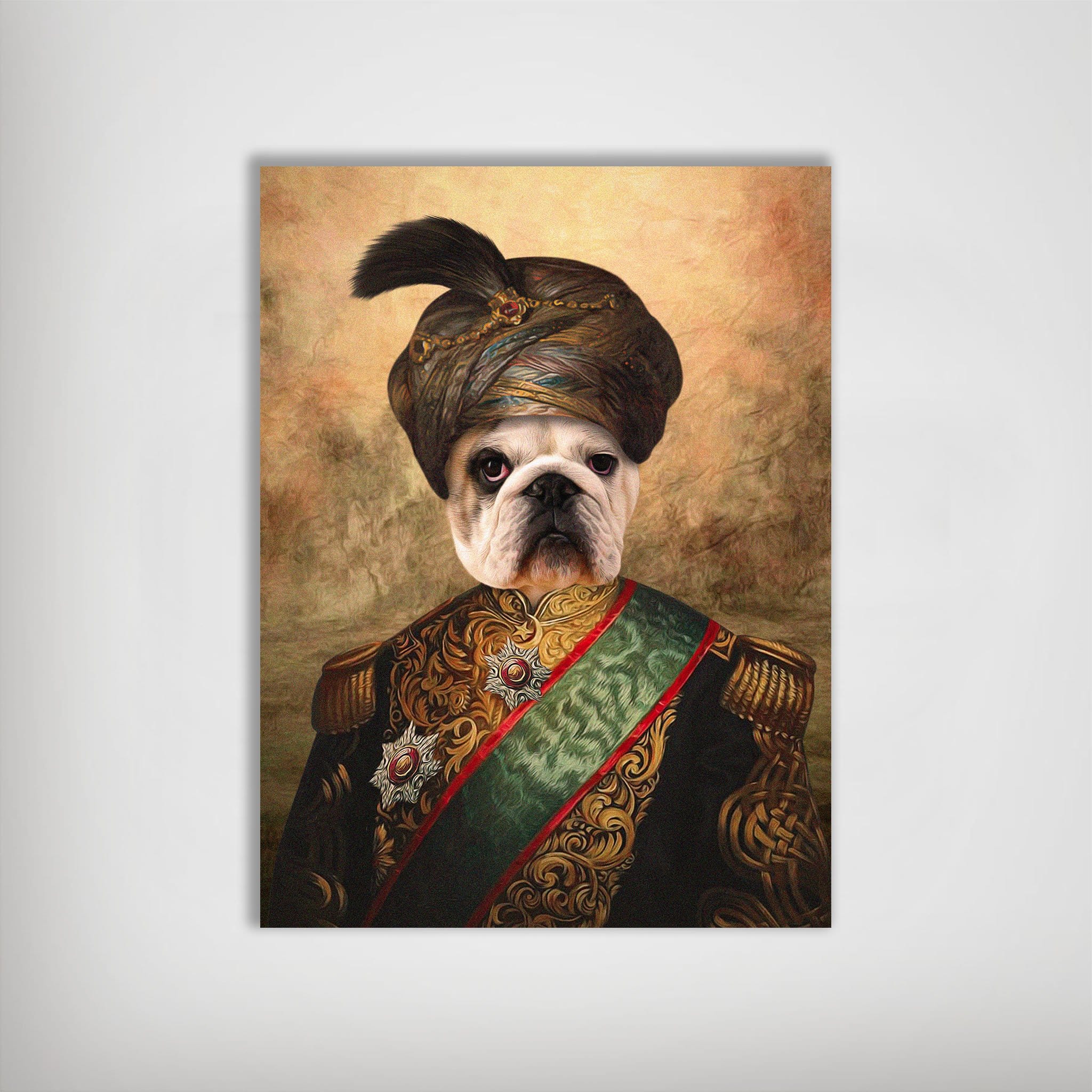 Personalized pet poster featuring a bulldog in a Sultan's ornate, gold-embroidered uniform and turban.