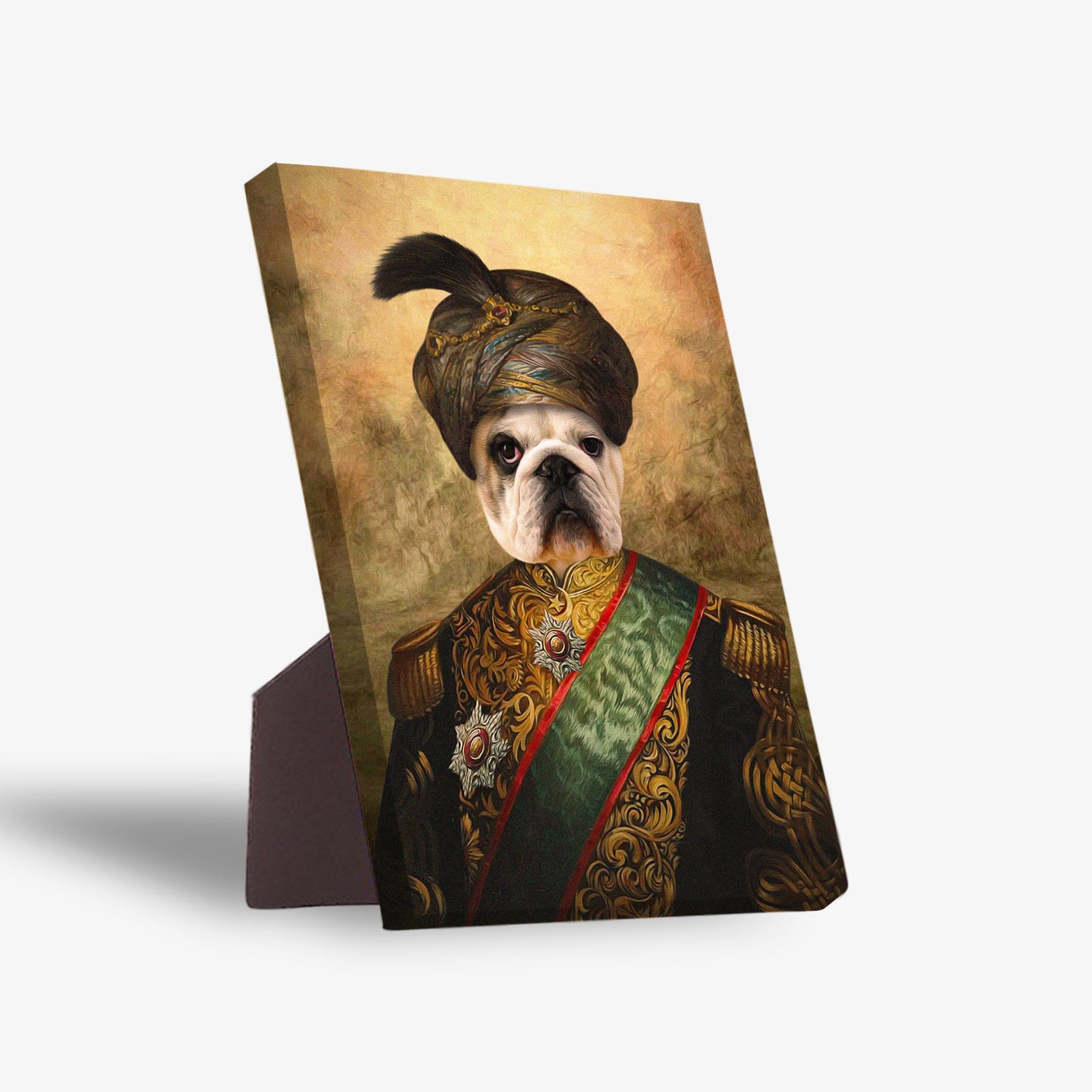 Personalized pet standing canvas featuring a bulldog in a Sultan's ornate gold and green uniform with a dark turban.