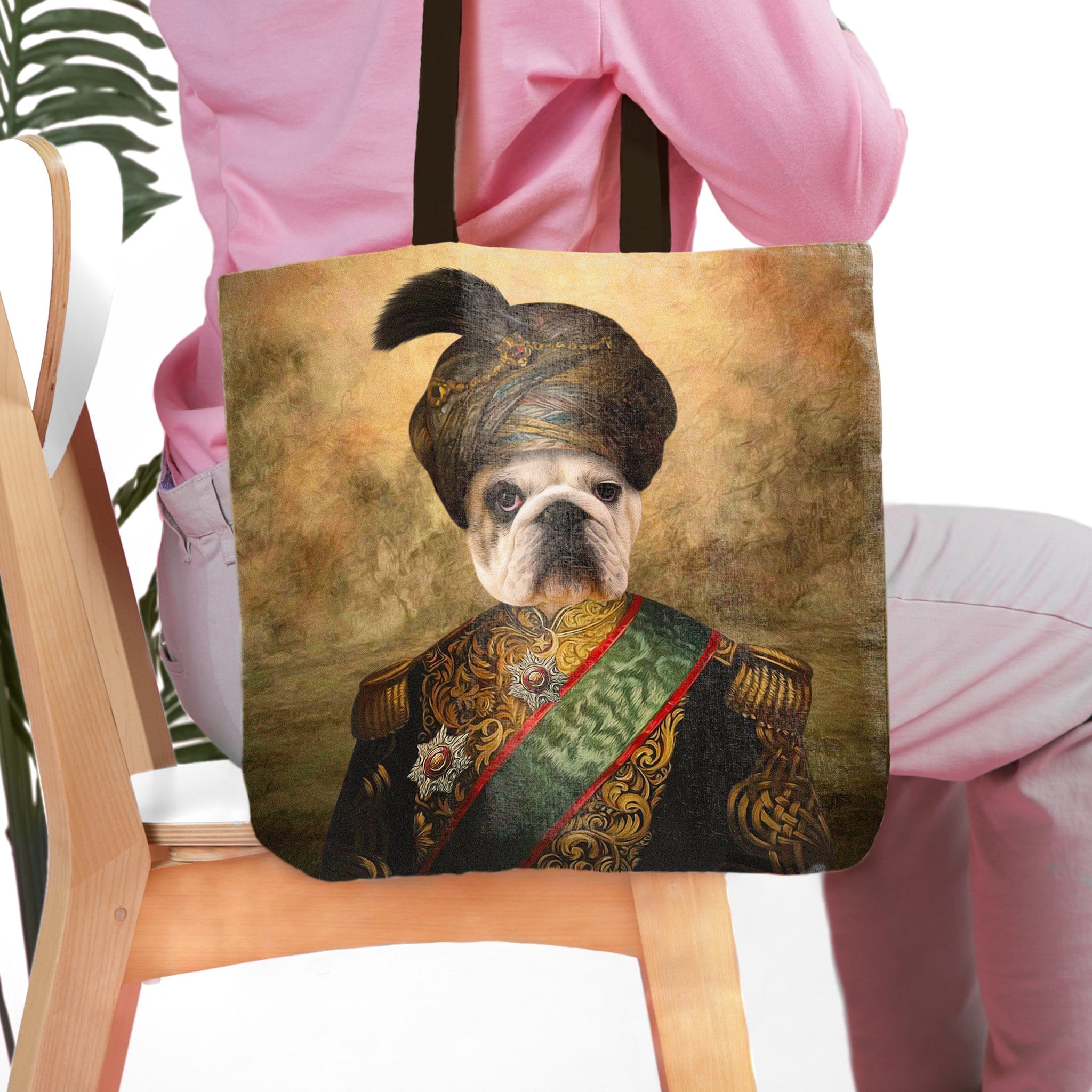 Personalized 'Sultan' tote bag with a custom renaissance-style portrait of a French bulldog.