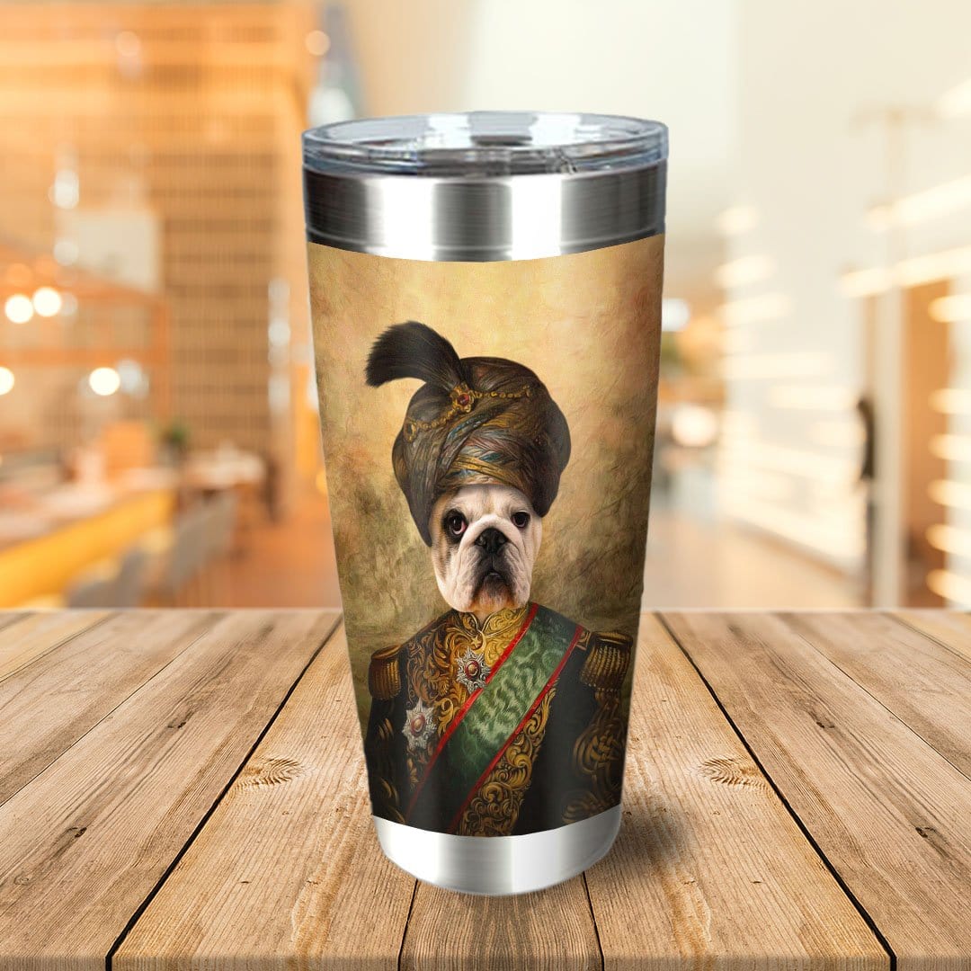Personalized stainless steel tumbler with a renaissance-style portrait of a dog in a sultan's attire.