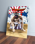 Personalized pet canvas featuring a pug as a sumo wrestler with a red torii gate background.