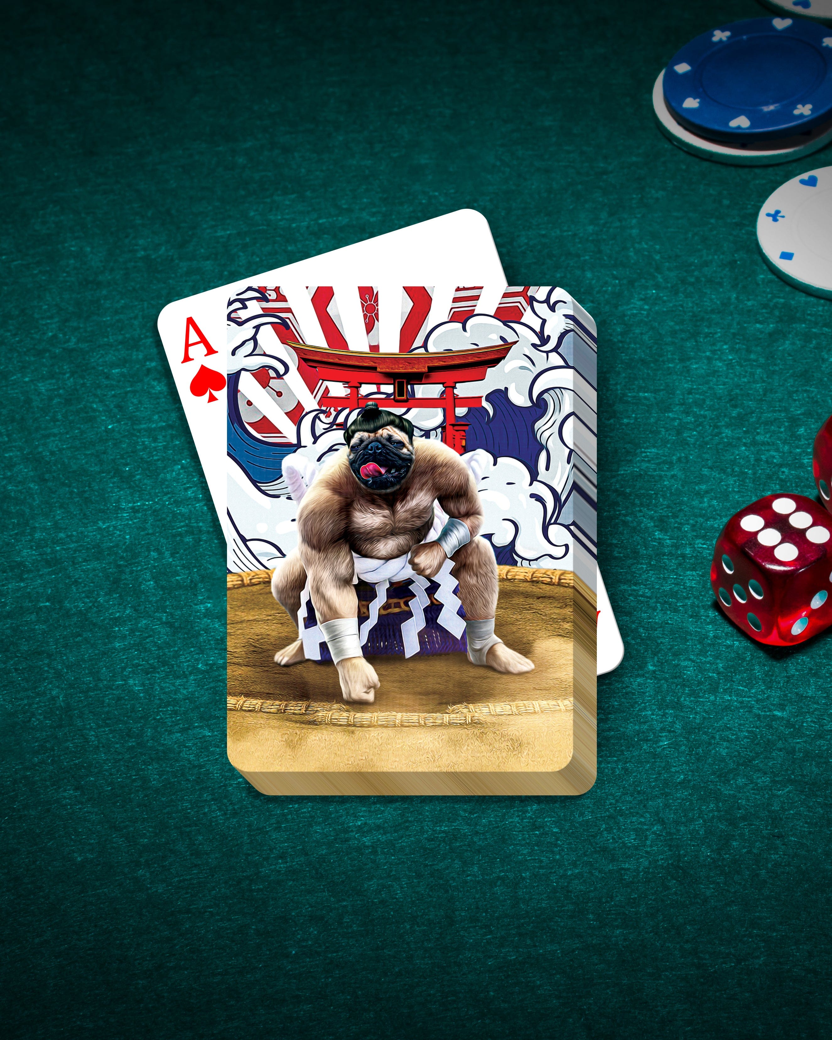 Custom personalized playing cards featuring a pug pet in a sumo wrestler portrait.