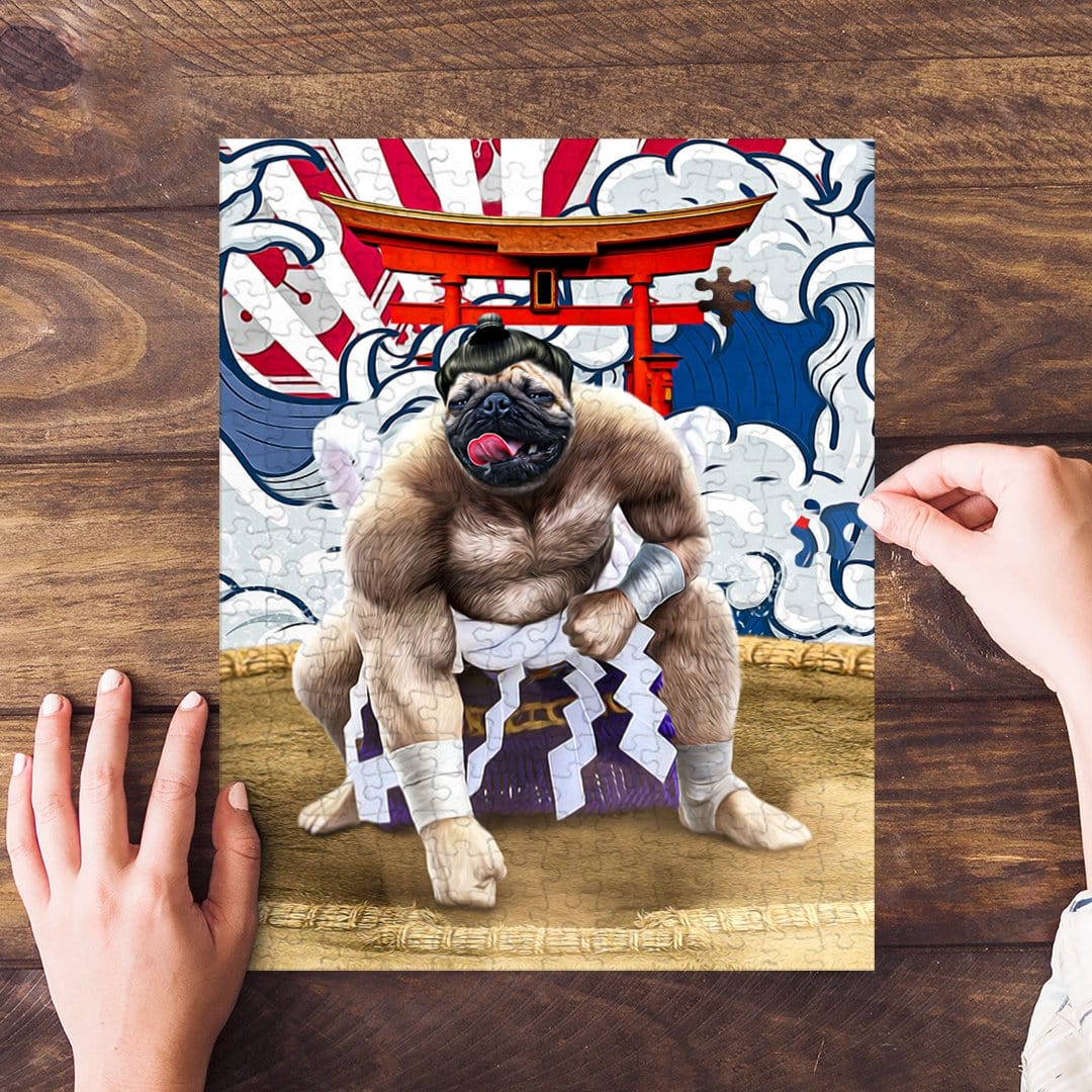 Custom personalized pet puzzle featuring a pug dog as a sumo wrestler, with a Japanese-style background.